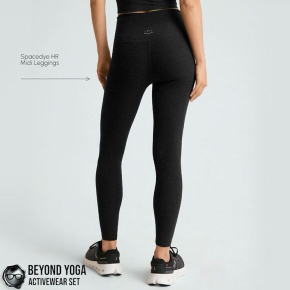 BEYOND YOGA SPACEDYE SET: ON THE DOWN LOW TEE + MIDI LEGGINGS IN DARKEST NIGHT M - Picture 10 of 15